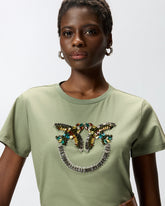 T-shirt with Love Birds jewel maxi embroidery - Green | Pinko