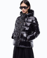 Hooded crystal nylon down jacket - Black | Pinko