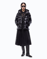 Hooded crystal nylon down jacket - Black | Pinko
