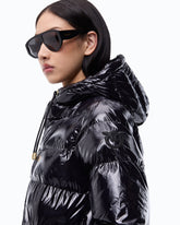 Hooded crystal nylon down jacket - Black | Pinko