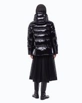 Hooded crystal nylon down jacket - Black | Pinko