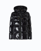 Hooded crystal nylon down jacket - Black | Pinko