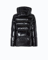 Hooded crystal nylon down jacket - Black | Pinko