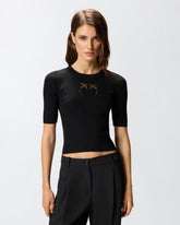 Short-sleeved wool sweater with logo - | Pinko