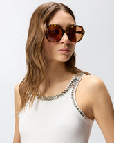 Ribbed top with bejewelled embellishment - | Pinko