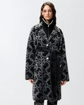 Faux fur coat with belt and all-over logo - | Pinko