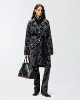 Faux fur coat with belt and all-over logo - | Pinko