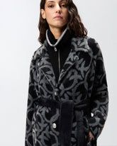 Faux fur coat with belt and all-over logo - | Pinko