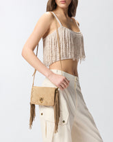 Love Bag Click Soft Horizontal Mini crossbody clutch in suede with fringing - | Pinko