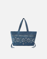 Mittlerer Shopper aus Denim mit Verzierung im St. Galler Stil - Blau | Pinko