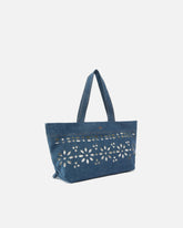 Medium shopper bag in denim with broderie anglaise - Blue | Pinko