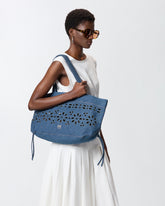 Medium shopper bag in denim with broderie anglaise - | Pinko
