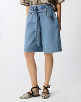 Wide-leg denim Bermuda shorts with belt - | Pinko