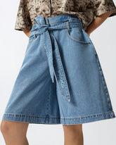 Wide-leg denim Bermuda shorts with belt - | Pinko