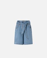 Wide-leg denim Bermuda shorts with belt - | Pinko