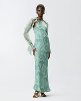 Silk midi dress with rose print and open shoulders - | Pinko