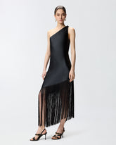 Satin one-shoulder mini dress with fringing - Black | Pinko
