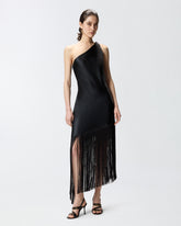Satin one-shoulder mini dress with fringing - Black | Pinko