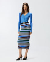 Calf-length striped knit slim-fit skirt - Multicolor Black-Light Blue | Pinko