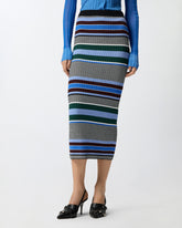 Calf-length striped knit slim-fit skirt - Multicolor Black-Light Blue | Pinko
