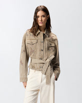 Brown denim jacket with jewel embroidery - | Pinko
