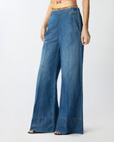 Wide-leg jeans in linen-blend denim - Blue | Pinko