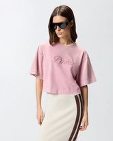 Cropped T-shirt with PINKO distressed embroidery - | Pinko