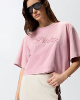 Cropped T-shirt with PINKO distressed embroidery - | Pinko