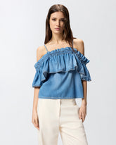 Denim top with ruffle and open shoulders - | Pinko
