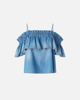 Denim top with ruffle and open shoulders - | Pinko