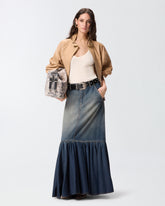 Langer Rock aus Denim mit Rüsche und Gürtel - | Pinko