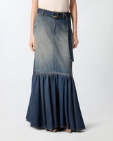Langer Rock aus Denim mit Rüsche und Gürtel - | Pinko