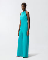 Long playsuit with halterneck and jewel decoration - Light blue | Pinko