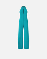 Long playsuit with halterneck and jewel decoration - Light blue | Pinko