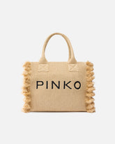 Mittlerer Shopper Beach aus Bast mit Logo und Quasten - Mehrfarbig Gelb-Schwarz | Pinko