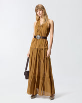 Langes Kleid aus Baumwolle mit Volant und Bändern - Orange | Pinko