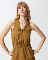 Langes Kleid aus Baumwolle mit Volant und Bändern - Orange | Pinko
