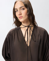 V-neck blouse with gathering - Brown | Pinko