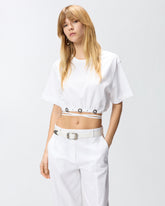 Cropped T-shirt with lace and Texan details - White | Pinko