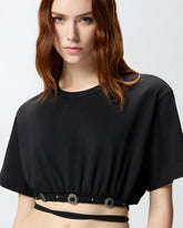 Cropped T-shirt with lace and Texan details - Black | Pinko