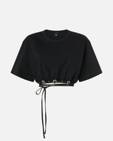 Cropped T-shirt with lace and Texan details - Black | Pinko