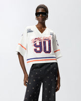 Cropped T-shirt with V-neck and branded patches - White | Pinko
