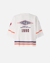 Cropped T-shirt with V-neck and branded patches - White | Pinko