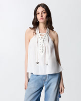 Leichtes Top mit Bändern und texanischen Details - Weiß | Pinko