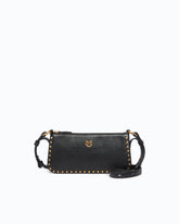 Mini Half Moon Horizontal crossbody bag in new biker leather with mini studs - Black | Pinko