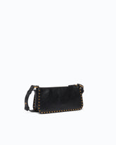 Mini Half Moon Horizontal crossbody bag in new biker leather with mini studs - Black | Pinko