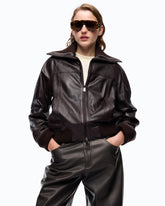 Leather bomber jacket with fold-down collar - | Pinko
