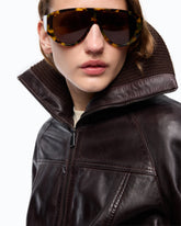 Leather bomber jacket with fold-down collar - | Pinko