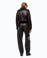 Leather bomber jacket with fold-down collar - | Pinko
