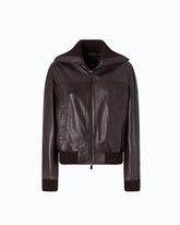 Leather bomber jacket with fold-down collar - | Pinko